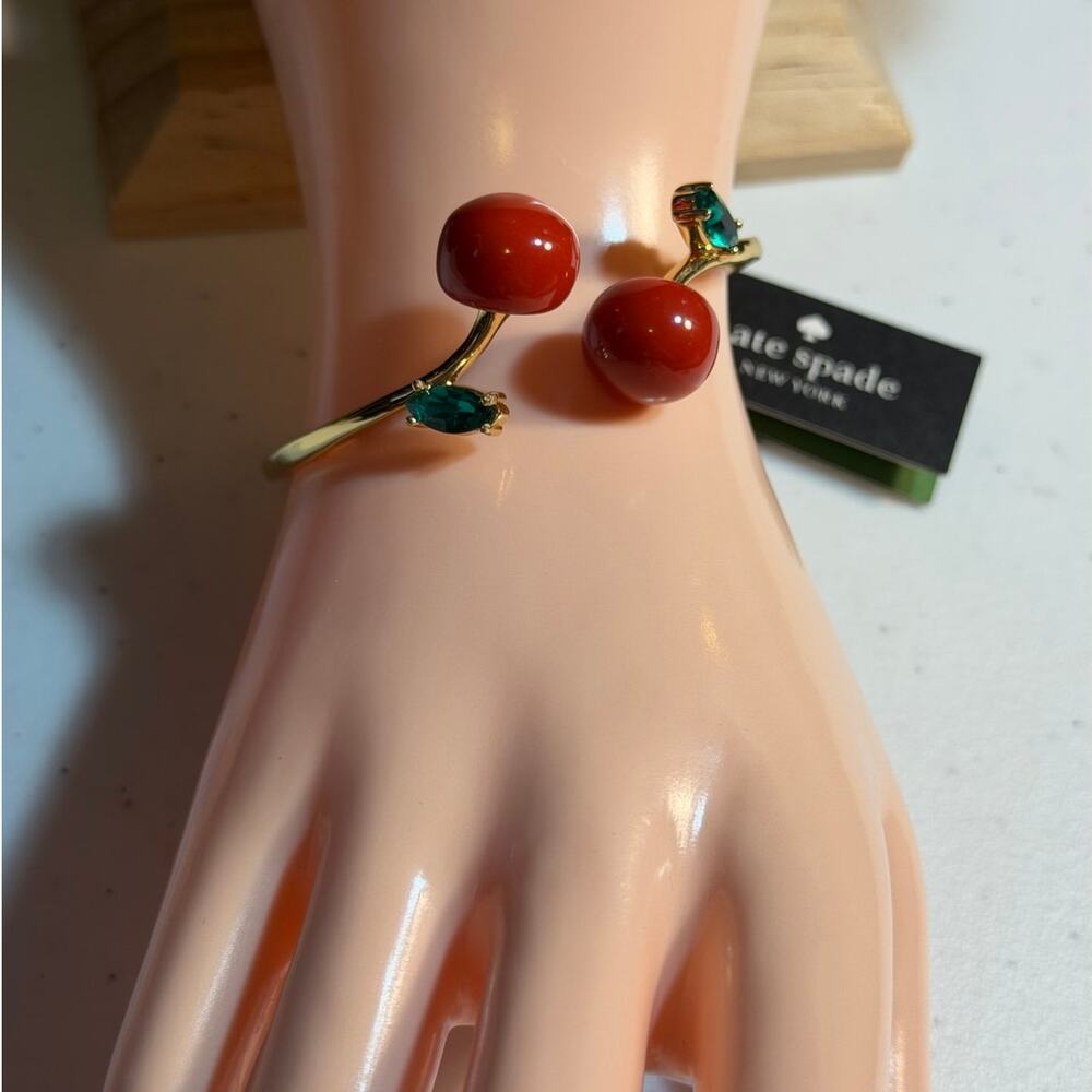 Kate Spade Ma Chérie Cherry Open Hinged Cuff Bracelet Gold Red Green NWT